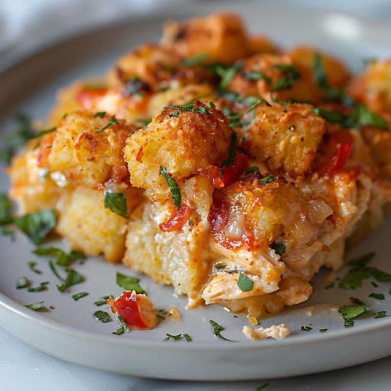 Extreme close-up of a vibrant serving of cracked out chicken tater tot casserole on a light grey ceramic plate.