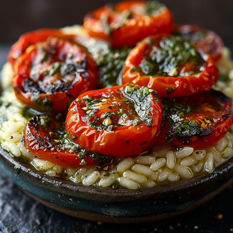 A close-up of creamy pesto risotto topped with roasted cherry tomatoes on a dark stone background.