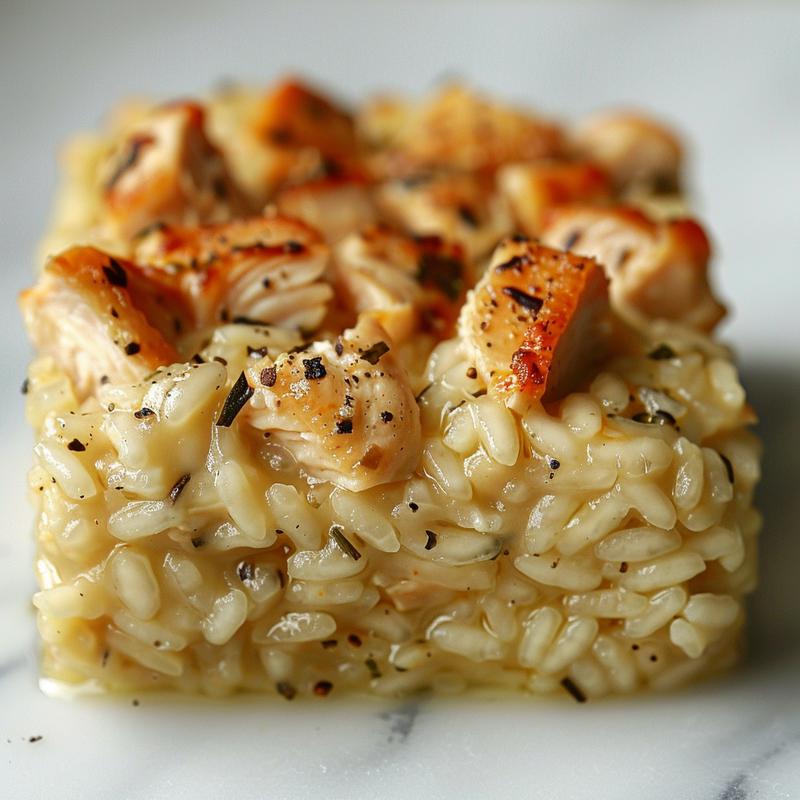 A close-up view of a creamy oven-baked chicken risotto on a white marble surface.