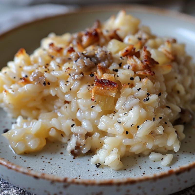 Close-up of a creamy baked risotto on a light grey plate, showcasing its texture.