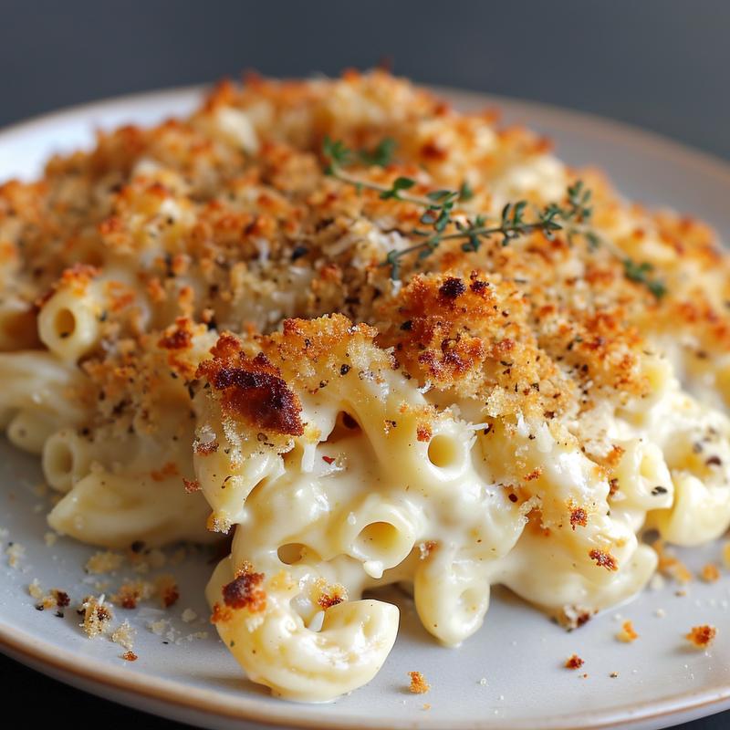 A close-up shot of creamy baked mac and cheese topped with crispy breadcrumbs on a light grey plate.