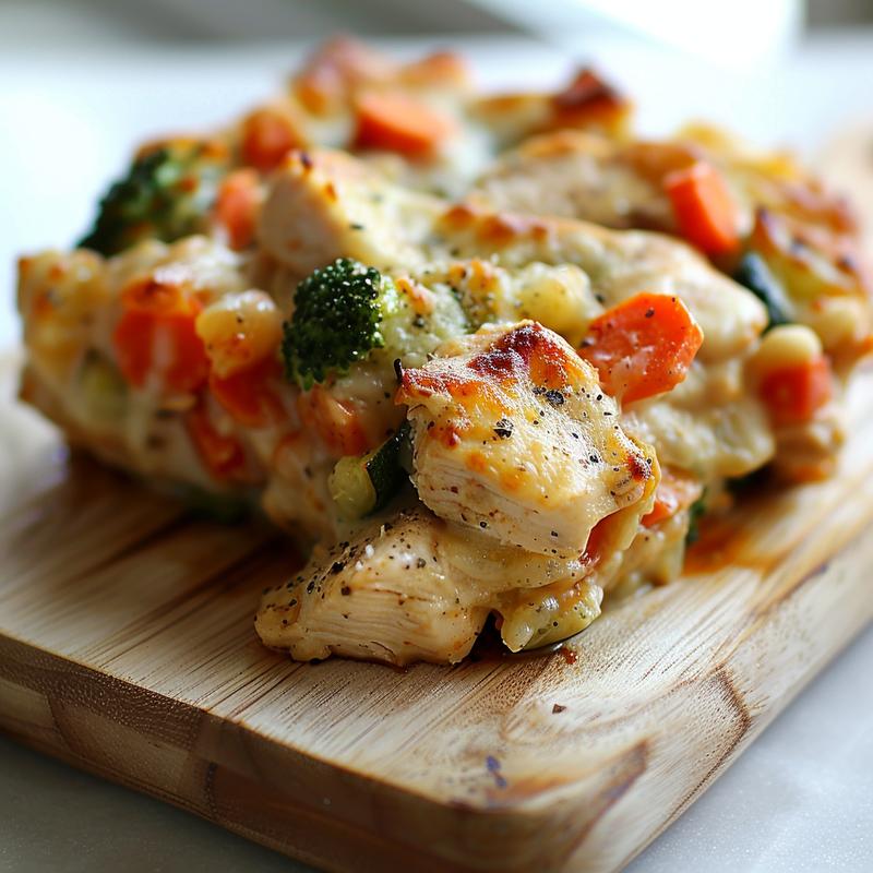 Close-up of a veggie-loaded rotisserie chicken casserole on a light wood board.