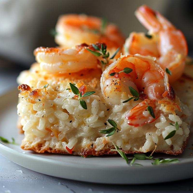A close-up view of a creamy baked shrimp risotto on a light grey plate.