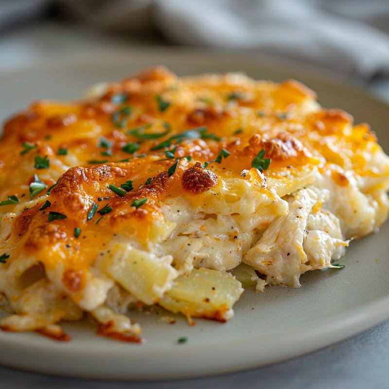 Close-up of a creamy cheesy chicken hashbrown casserole on a light grey plate.