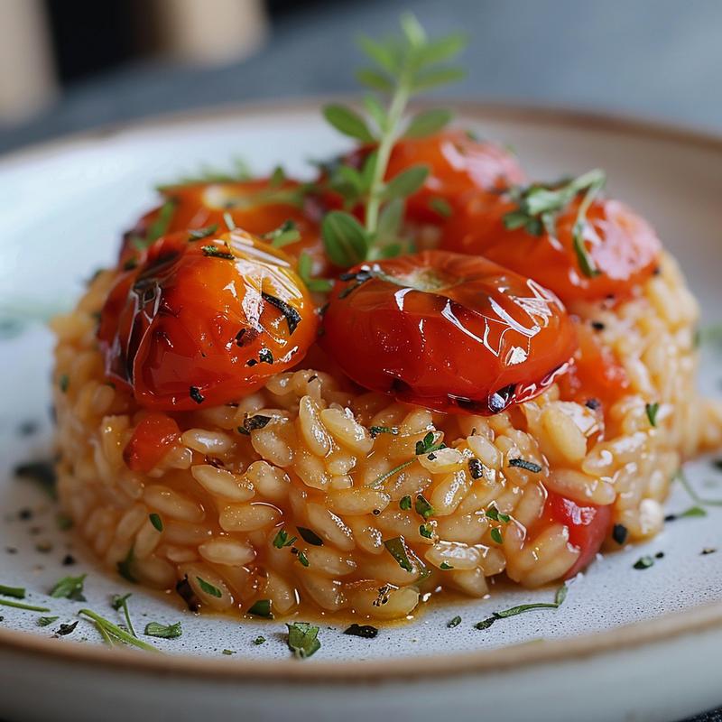 A close-up view of a creamy baked tomato risotto on a light grey plate, highlighting its rich texture.