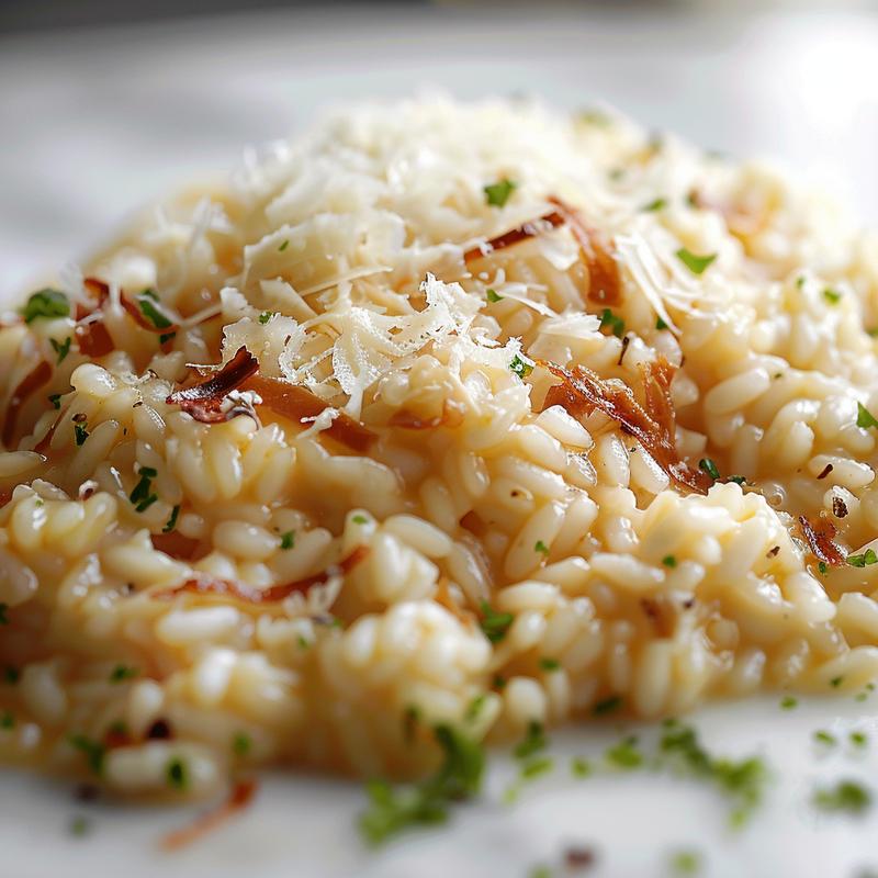 A close-up of creamy risotto al forno on a white marble surface, showcasing its texture and golden-brown crust.