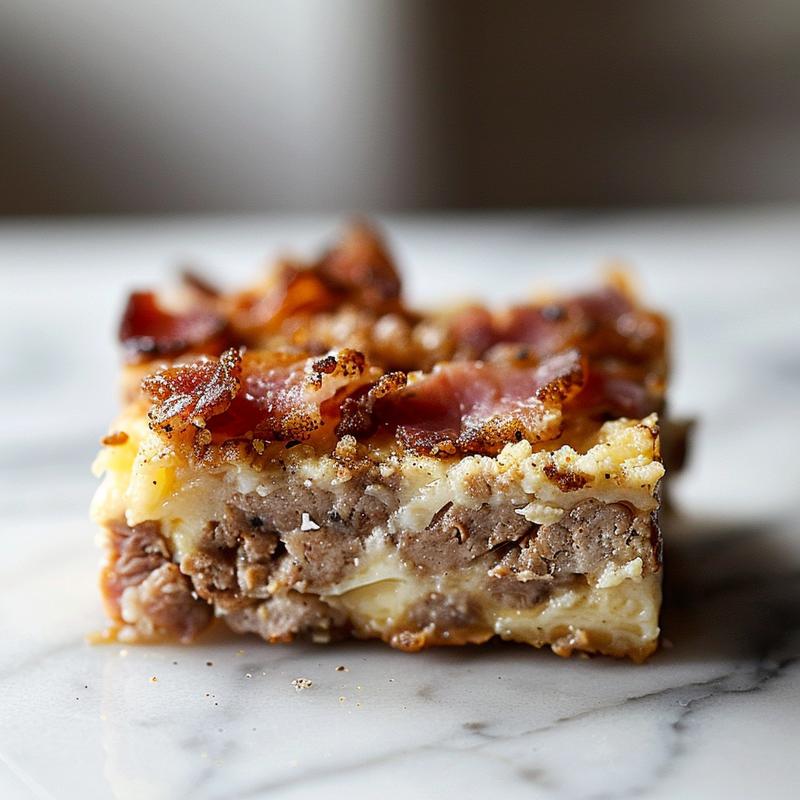 Close-up view of cheesy cauliflower bake on a white marble surface.