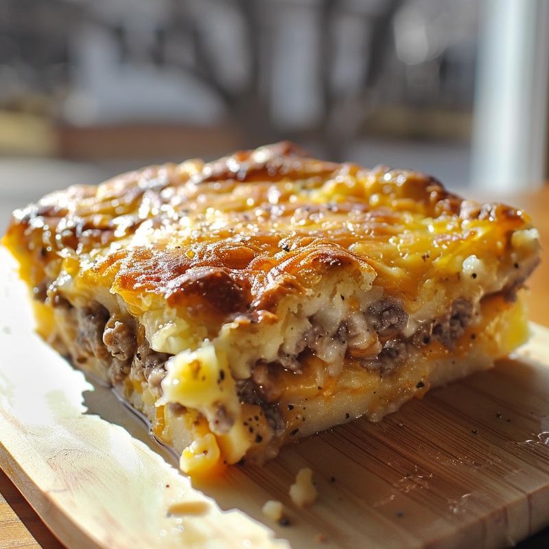 Close-up image of a cheesy cauliflower keto casserole served on a light wood board.