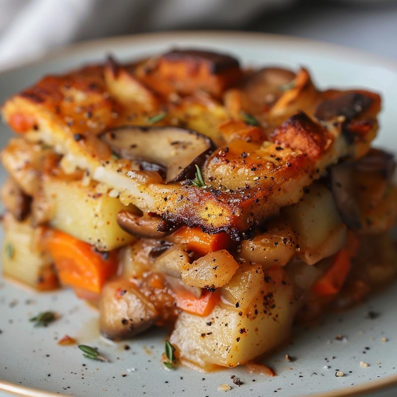 Close-up of creamy cheesy cauliflower au gratin casserole on a light grey plate.