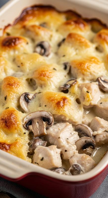 Overhead view of creamy chicken bake in a rustic baking dish.