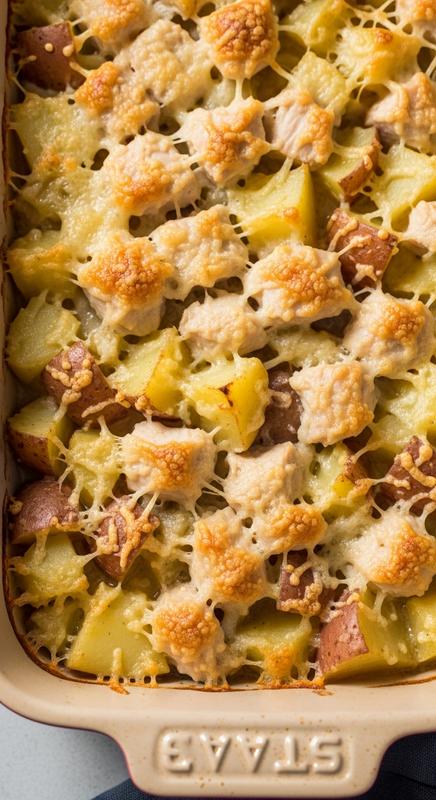 Creamy chicken and potato bake in a ceramic dish.