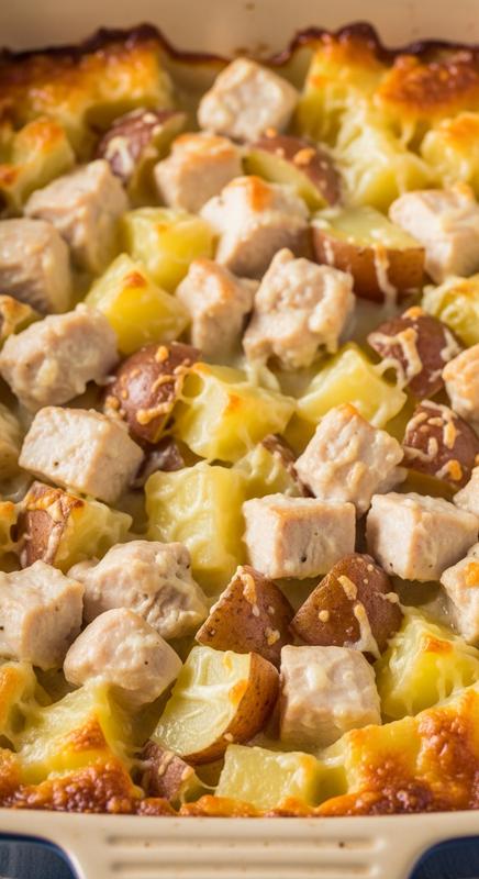 Creamy chicken and potato bake in a rustic dish.