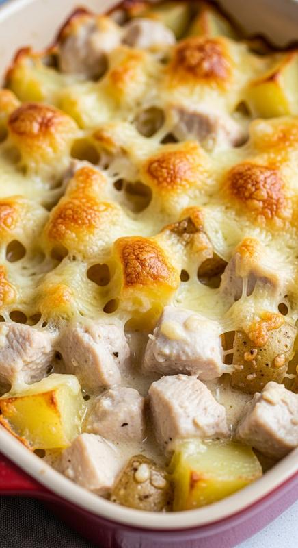 Cheesy chicken and potatoes in a baking dish.
