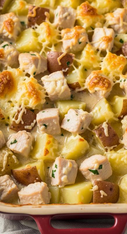 Creamy chicken and potato bake in rustic dish.