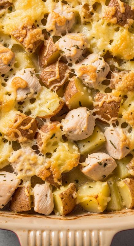 Creamy chicken and potato bake in ceramic dish.