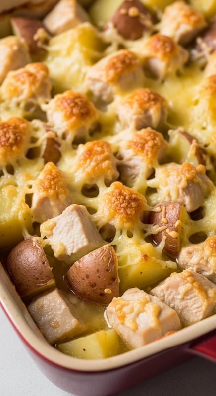 Baked chicken and potatoes in creamy, cheesy garlic sauce.