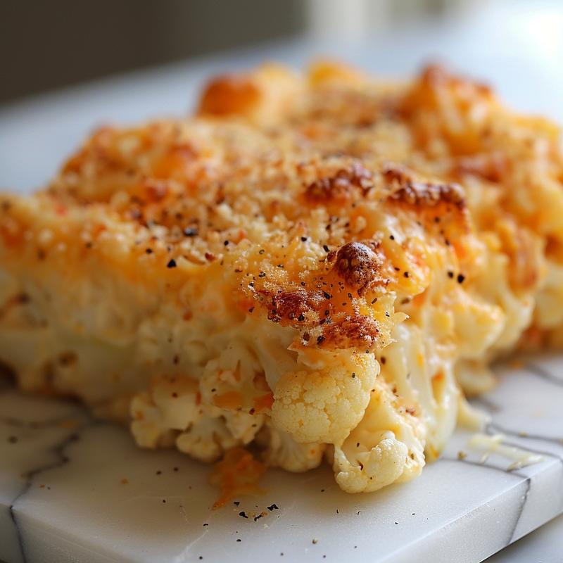 Close-up of a loaded cauliflower casserole topped with melted cheese on a white marble surface.