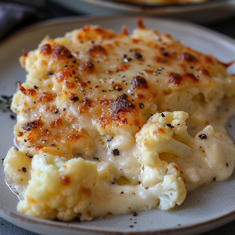 Close-up of a creamy cauliflower casserole topped with melted cheese on a light grey plate.