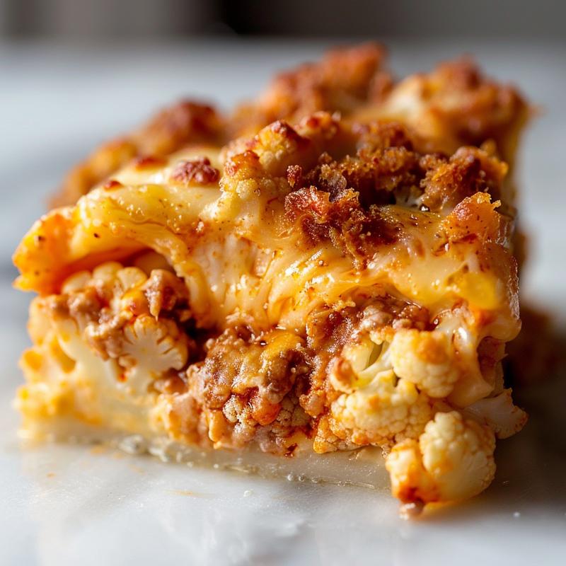 A close-up view of a loaded cauliflower casserole on a light grey plate, showcasing creamy texture and toppings.