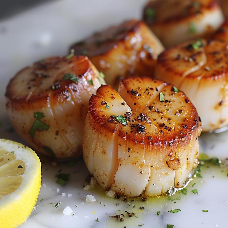 Close-up of golden brown pan-seared scallops on white marble.