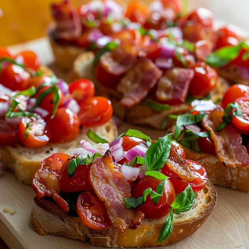 Close up of tomato bacon bruschetta on wood.