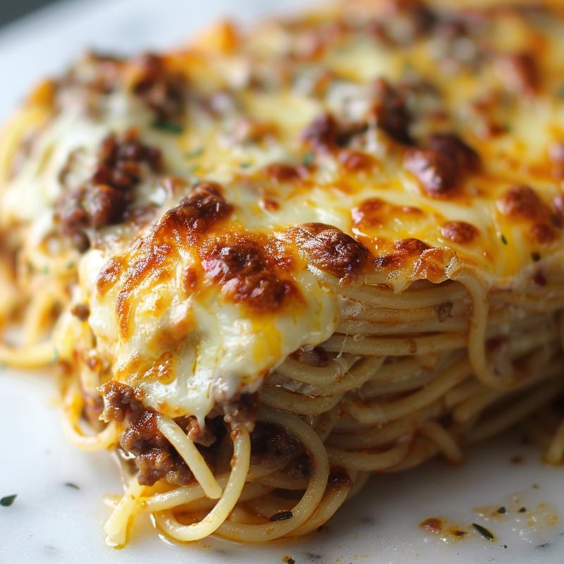 Close-up of cheesy baked spaghetti on a white marble surface.
