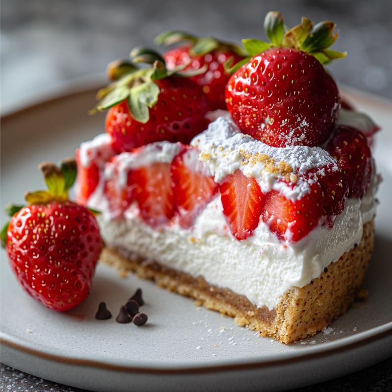 Close-up of cheesecake-stuffed strawberries on a plate.