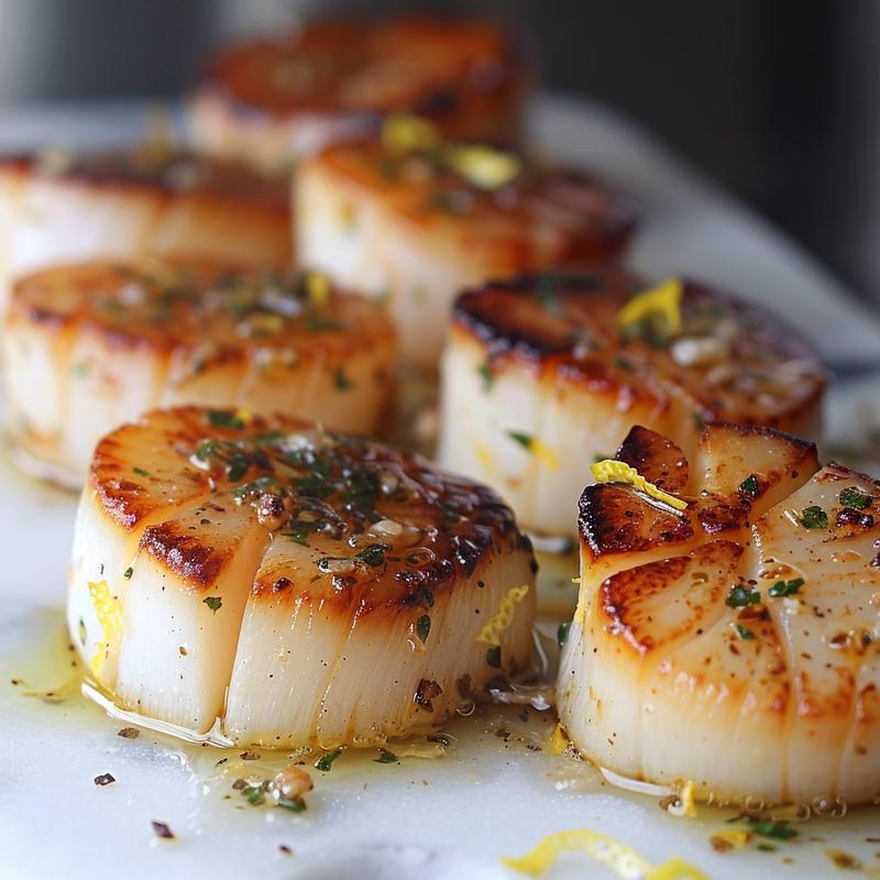 Close-up of seared scallops with garlic butter on a white surface.
