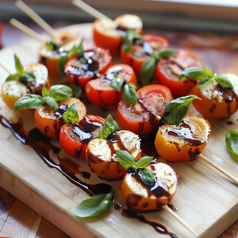 Heart-shaped Caprese skewers with tomatoes, mozzarella, and basil on a light wood board.