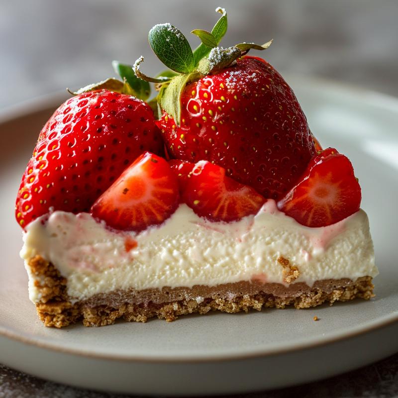 Close-up of cheesecake-filled strawberries on a gray plate.
