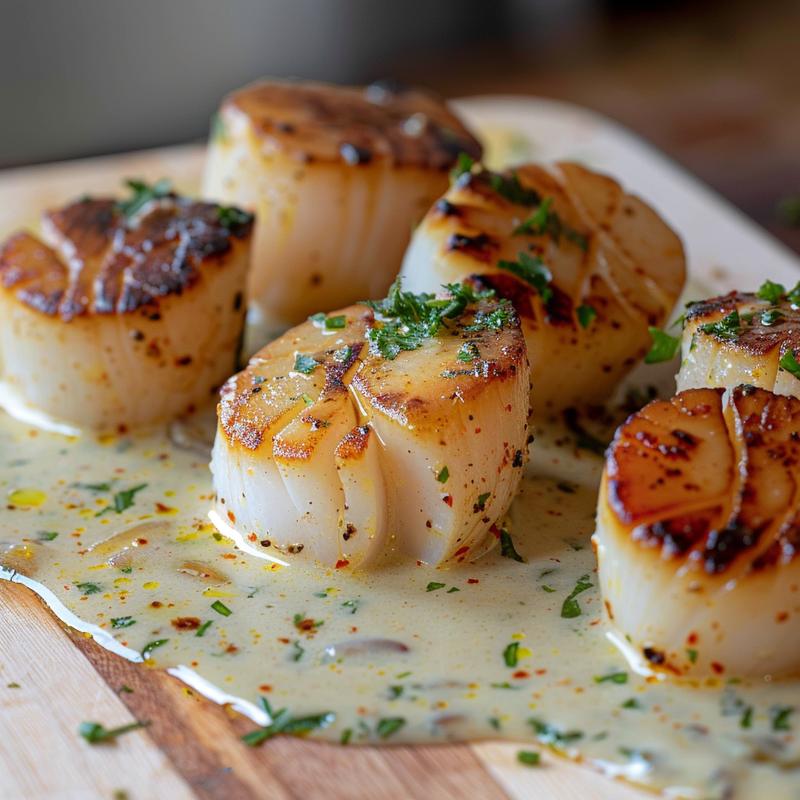 Close-up of seared scallops in Cajun cream sauce on a wooden board.
