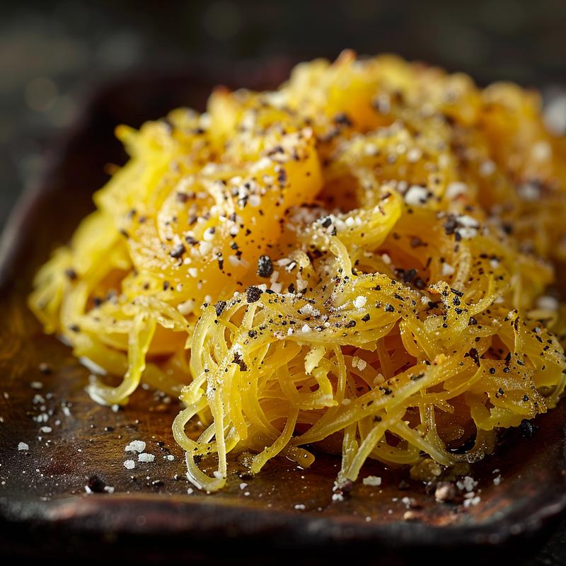 Close-up of roasted spaghetti squash strands on a dark surface.