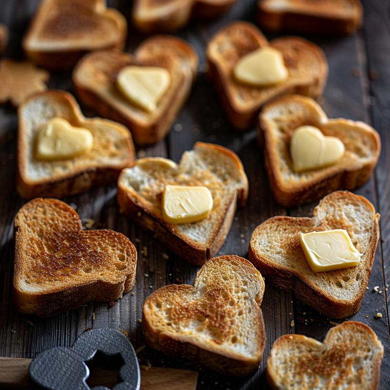 Close-up of heart-shaped grilled cheese sandwiches on a dark wood surface.