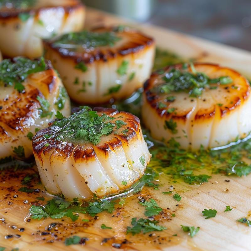 Close-up of seared scallops with green sauce on a light wooden board.