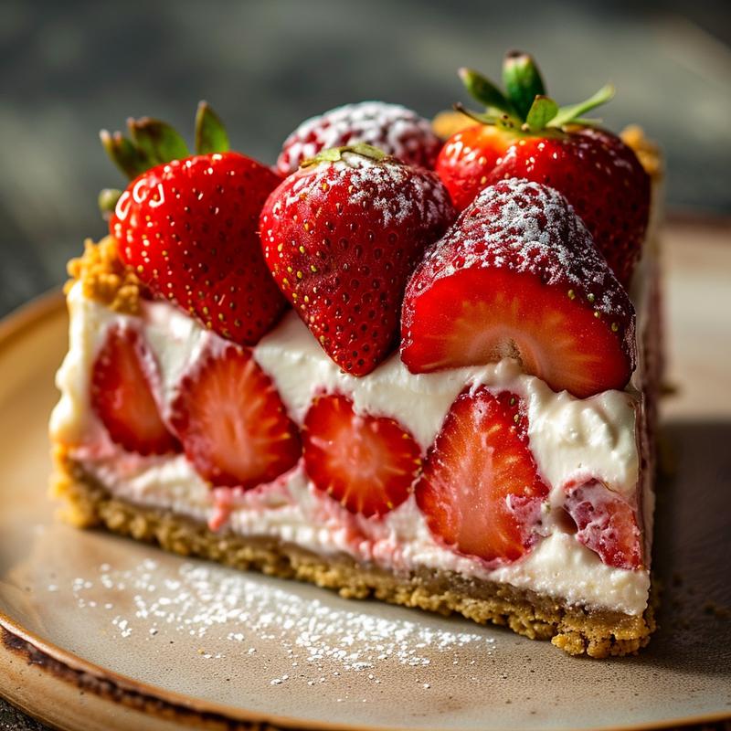 Close-up of cheesecake-stuffed strawberries on a light wood board.