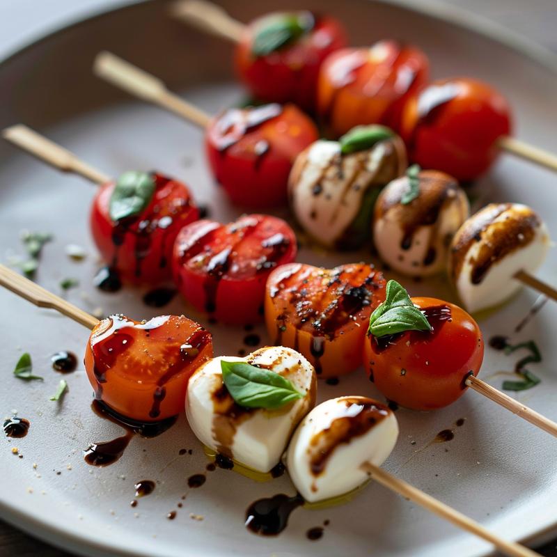 Close-up of heart-shaped Caprese skewers on a light grey plate.