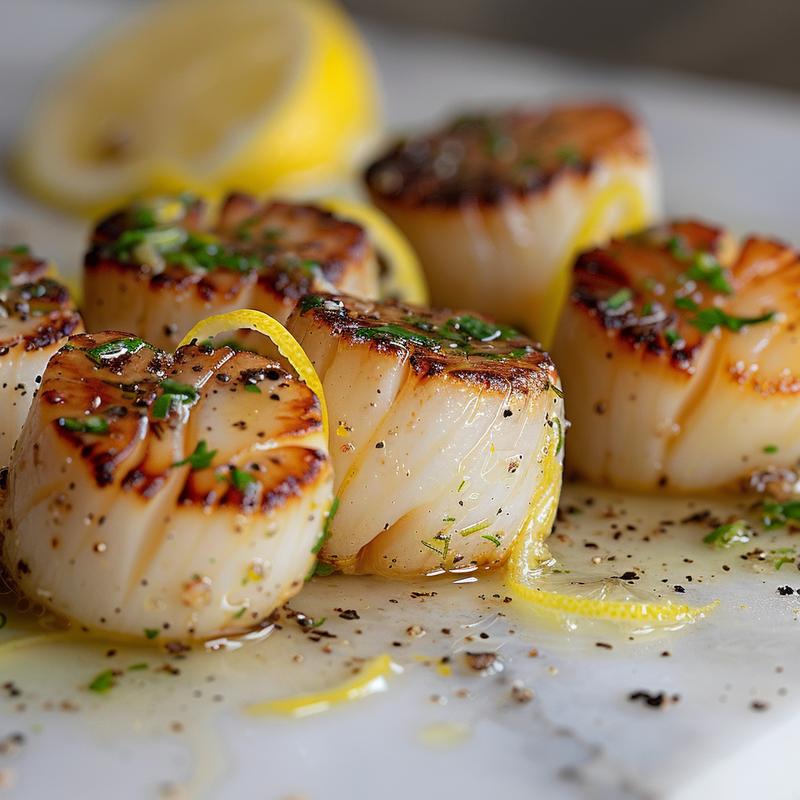 Close-up of seared scallops with lemon butter sauce on white marble.