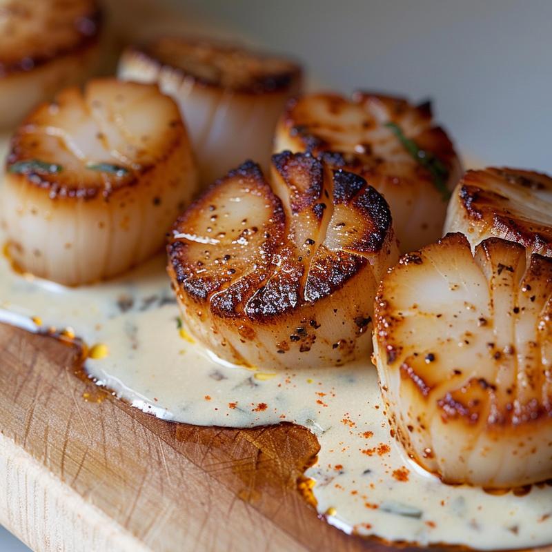 Close-up of seared scallops with creamy sauce on a wooden board.