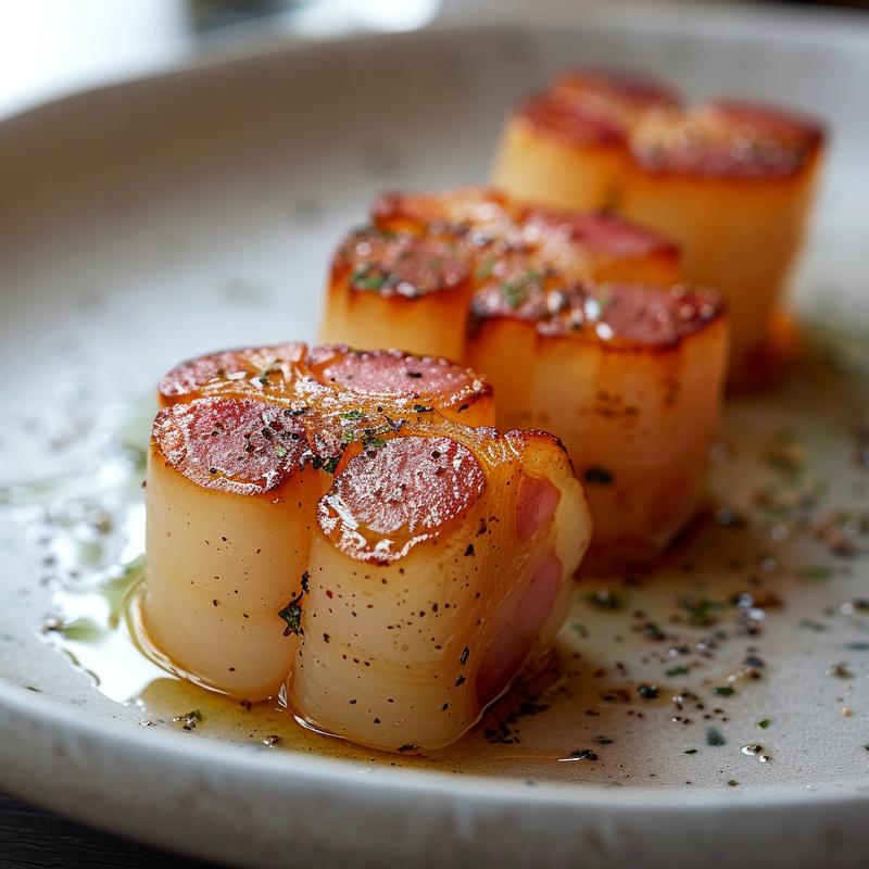Close-up of scallop appetizers with saffron and pancetta.