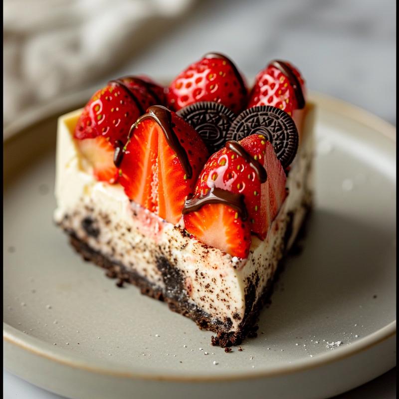 Close-up of Oreo cheesecake stuffed strawberry on a grey plate.
