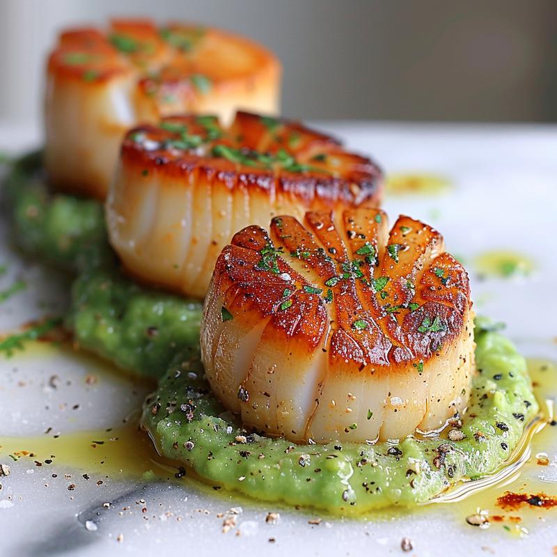 Close-up of garlic butter scallops atop pea puree on white marble.