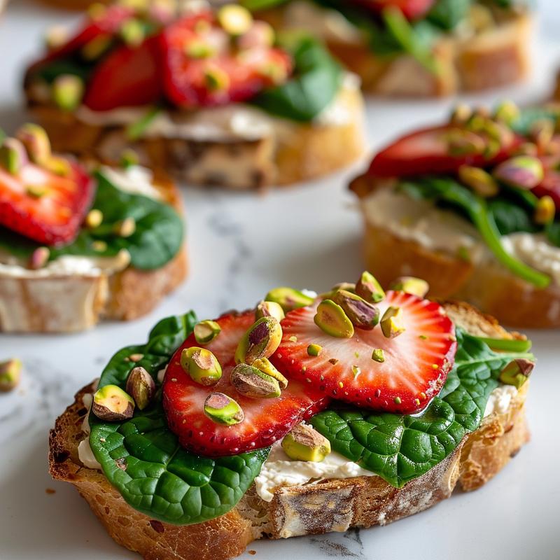 Close-up of a strawberry, spinach, and pistachio crostini.