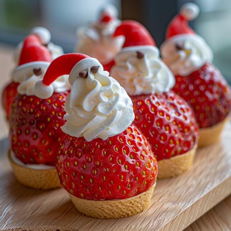 Three strawberry Santas on a light wood board, topped with whipped cream hats and mini chocolate chip eyes.