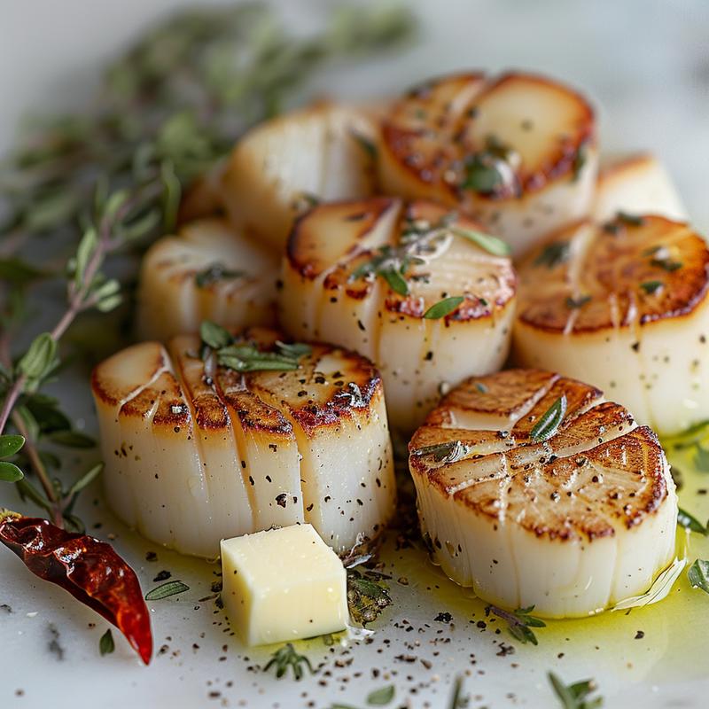 Close-up of perfectly seared scallops on white marble.