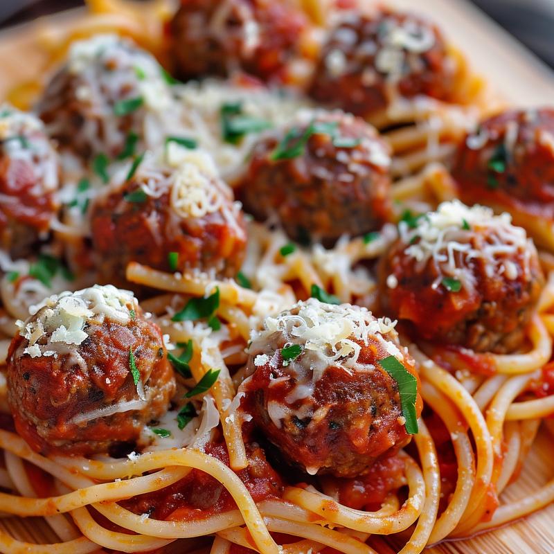 Close-up of baked spaghetti with meatballs, cheese melted on top.