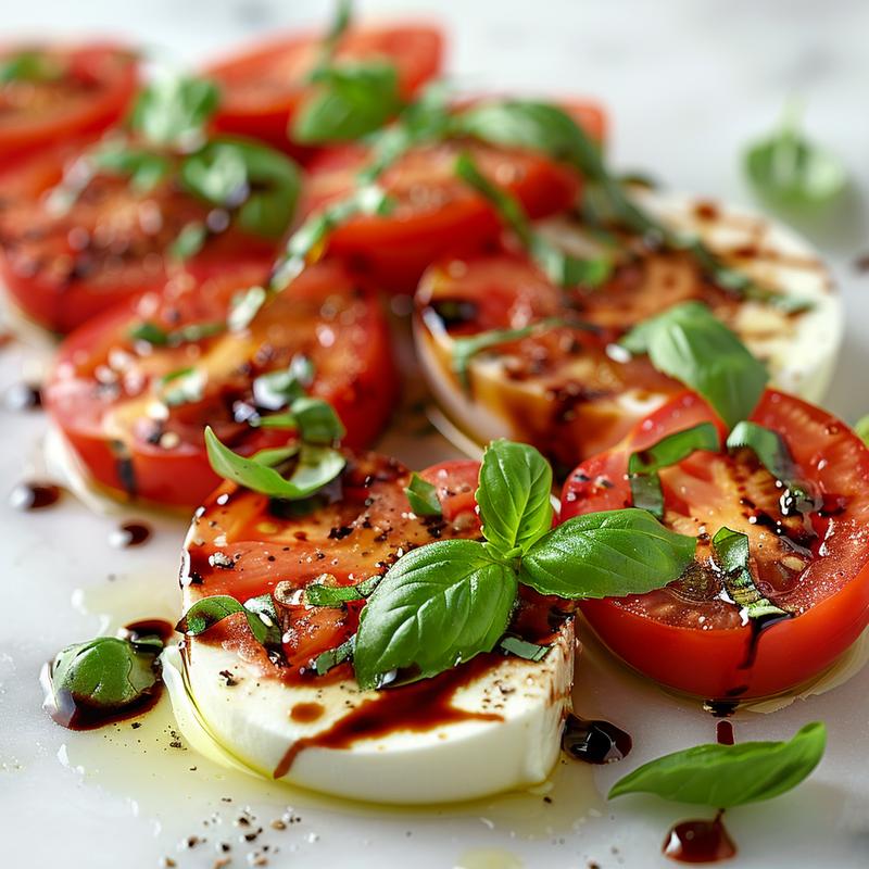 Heart-shaped Caprese salad featuring tomatoes, mozzarella, basil, and balsamic glaze on marble.