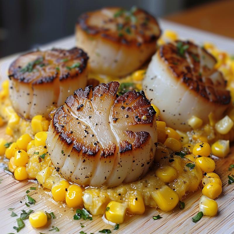 Close-up of seared scallops on sweet corn puree.
