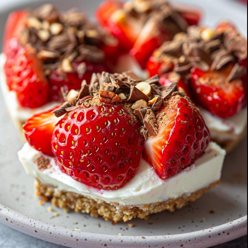 Close-up of cheesecake-filled strawberries on a grey plate.