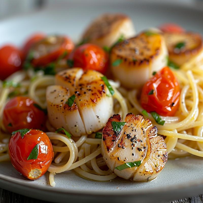 Close-up of seared scallop pasta with tomatoes and herbs on a grey plate.