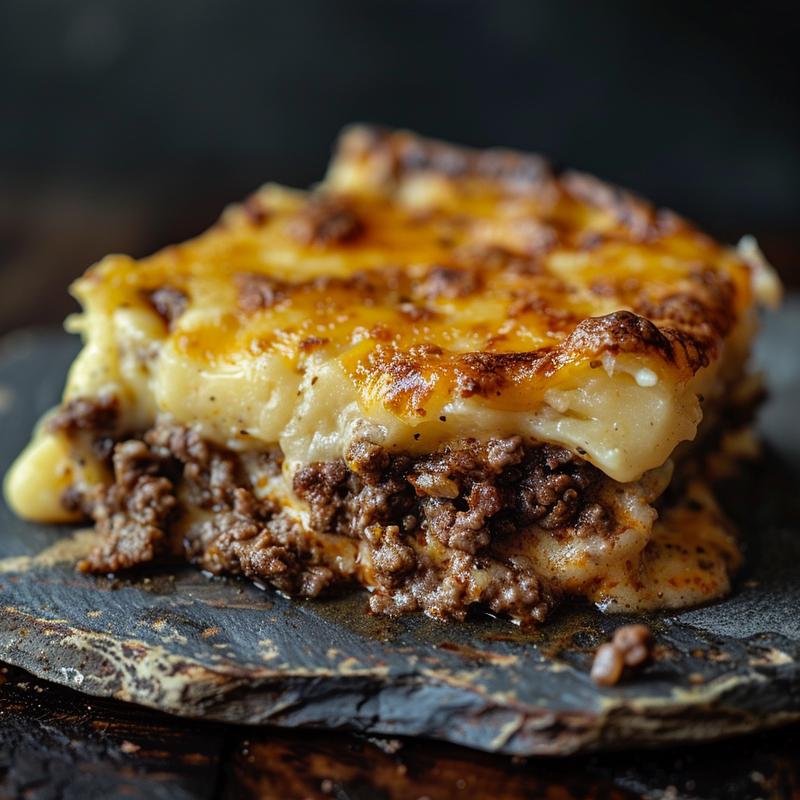 Close-up of a cheesy keto ground beef casserole on a rustic plate.